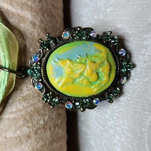 HANDMADE Fairy pendant necklace with Swarovski crystals yellow green ribbon NWT